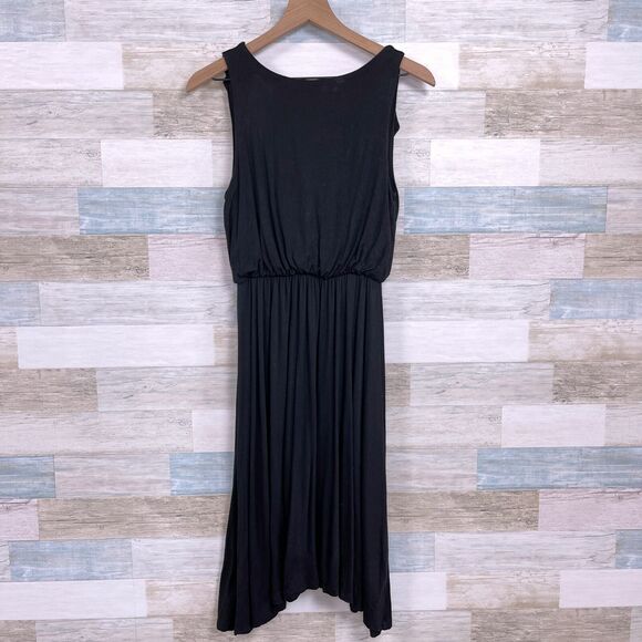 LOFT Ruffle V Back Dress Black Tasseled Stretch Jersey Knit Casual Womens XS - Picture 4 of 8